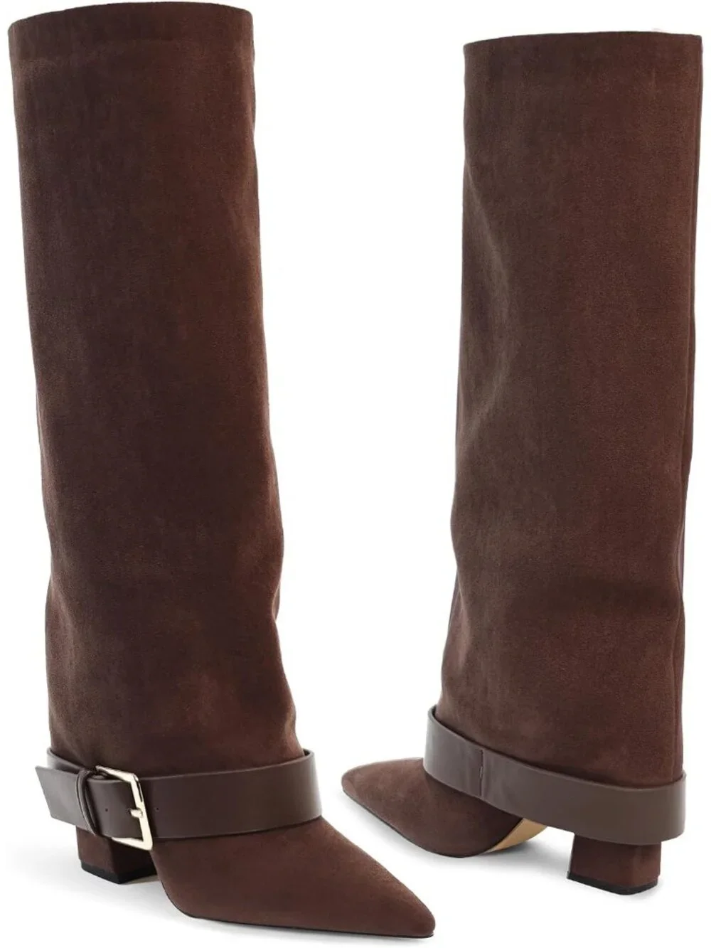 Women's Brown Suede Chunky Heel Pointed Toe Wide Calf Fold Over Knee High Boots